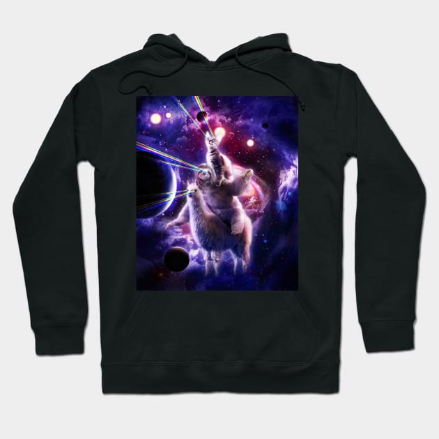 Laser Eyes Space Cat Riding Sloth Llama - Rainbow Hoodie by Random Galaxy